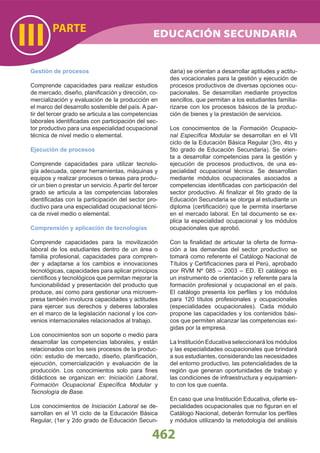 462
PARTE
III
Gestión de procesos
Comprende capacidades para realizar estudios
de mercado, diseño, planiﬁcación y dirección, co-
mercialización y evaluación de la producción en
el marco del desarrollo sostenible del país. A par-
tir del tercer grado se articula a las competencias
laborales identiﬁcadas con participación del sec-
tor productivo para una especialidad ocupacional
técnica de nivel medio o elemental.
Ejecución de procesos
Comprende capacidades para utilizar tecnolo-
gía adecuada, operar herramientas, máquinas y
equipos y realizar procesos o tareas para produ-
cir un bien o prestar un servicio. A partir del tercer
grado se articula a las competencias laborales
identiﬁcadas con la participación del sector pro-
ductivo para una especialidad ocupacional técni-
ca de nivel medio o elemental.
Comprensión y aplicación de tecnologías
Comprende capacidades para la movilización
laboral de los estudiantes dentro de un área o
familia profesional, capacidades para compren-
der y adaptarse a los cambios e innovaciones
tecnológicas, capacidades para aplicar principios
cientíﬁcos y tecnológicos que permitan mejorar la
funcionabilidad y presentación del producto que
produce, así como para gestionar una microem-
presa también involucra capacidades y actitudes
para ejercer sus derechos y deberes laborales
en el marco de la legislación nacional y los con-
venios internacionales relacionados al trabajo.
Los conocimientos son un soporte o medio para
desarrollar las competencias laborales, y están
relacionados con los seis procesos de la produc-
ción: estudio de mercado, diseño, planiﬁcación,
ejecución, comercialización y evaluación de la
producción. Los conocimientos solo para ﬁnes
didácticos se organizan en: Iniciación Laboral,
Formación Ocupacional Especíﬁca Modular y
Tecnología de Base.
Los conocimientos de Iniciación Laboral se de-
sarrollan en el VI ciclo de la Educación Básica
Regular, (1er y 2do grado de Educación Secun-
daria) se orientan a desarrollar aptitudes y actitu-
des vocacionales para la gestión y ejecución de
procesos productivos de diversas opciones ocu-
pacionales. Se desarrollan mediante proyectos
sencillos, que permitan a los estudiantes familia-
rizarse con los procesos básicos de la produc-
ción de bienes y la prestación de servicios.
Los conocimientos de la Formación Ocupacio-
nal Especíﬁca Modular se desarrollan en el VII
ciclo de la Educación Básica Regular (3ro, 4to y
5to grado de Educación Secundaria). Se orien-
ta a desarrollar competencias para la gestión y
ejecución de procesos productivos, de una es-
pecialidad ocupacional técnica. Se desarrollan
mediante módulos ocupacionales asociados a
competencias identiﬁcadas con participación del
sector productivo. Al ﬁnalizar el 5to grado de la
Educación Secundaria se otorga al estudiante un
diploma (certiﬁcación) que le permita insertarse
en el mercado laboral. En tal documento se ex-
plica la especialidad ocupacional y los módulos
ocupacionales que aprobó.
Con la ﬁnalidad de articular la oferta de forma-
ción a las demandas del sector productivo se
tomará como referente el Catálogo Nacional de
Títulos y Certiﬁcaciones para el Perú, aprobado
por RVM Nº 085 – 2003 – ED. El catálogo es
un instrumento de orientación y referente para la
formación profesional y ocupacional en el país.
El catálogo presenta los perﬁles y los módulos
para 120 títulos profesionales y ocupacionales
(especialidades ocupacionales). Cada módulo
propone las capacidades y los contenidos bási-
cos que permiten alcanzar las competencias exi-
gidas por la empresa.
La Institución Educativa seleccionará los módulos
y las especialidades ocupacionales que brindará
a sus estudiantes, considerando las necesidades
del entorno productivo, las potencialidades de la
región que generan oportunidades de trabajo y
las condiciones de infraestructura y equipamien-
to con los que cuenta.
En caso que una Institución Educativa, oferte es-
pecialidades ocupacionales que no ﬁguran en el
Catálogo Nacional, deberán formular los perﬁles
y módulos utilizando la metodología del análisis
EDUCACIÓN SECUNDARIA
 