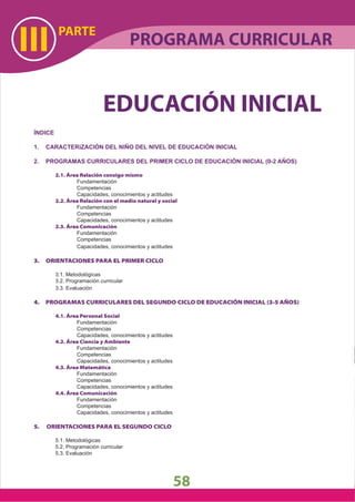 PARTE
III
ÍNDICE
1. CARACTERiZACIÓN DEL NIÑO DEL NIVEL DE EDUCACIÓN INICIAL
2. PROGRAMAS CURRICULARES DEL PRIMER CICLO DE EDUCACIÓN INICIAL (0-2 AÑOS)
2.1. Área Relación consigo mismo
Fundamentación
Competencias
Capacidades, conocimientos y actitudes
2.2. Área Relación con el medio natural y social
Fundamentación
Competencias
Capacidades, conocimientos y actitudes
2.3. Área Comunicación
Fundamentación
Competencias
Capacidades, conocimientos y actitudes
3. ORIENTACIONES PARA EL PRIMER CICLO
3.1. Metodológicas
3.2. Programación curricular
3.3. Evaluación
4. PROGRAMAS CURRICULARES DEL SEGUNDO CICLO DE EDUCACIÓN INICIAL (3-5 AÑOS)
4.1. Área Personal Social
Fundamentación
Competencias
Capacidades, conocimientos y actitudes
4.2. Área Ciencia y Ambiente
Fundamentación
Competencias
Capacidades, conocimientos y actitudes
4.3. Área Matemática
Fundamentación
Competencias
Capacidades, conocimientos y actitudes
4.4. Área Comunicación
Fundamentación
Competencias
Capacidades, conocimientos y actitudes
5. ORIENTACIONES PARA EL SEGUNDO CICLO
5.1. Metodológicas
5.2. Programación curricular
5.3. Evaluación
EDUCACIÓN INICIAL
PROGRAMA CURRICULAR
58
 