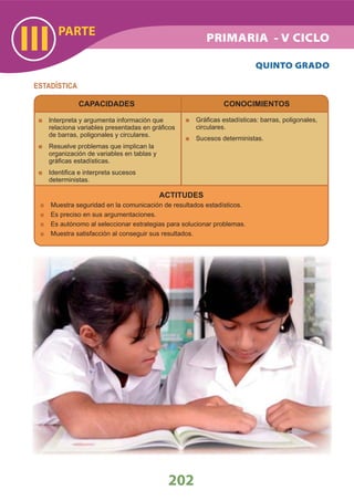 PARTE
III
202
QUINTO GRADO
ACTITUDES
Muestra seguridad en la comunicación de resultados estadísticos.
Es preciso en sus argumentaciones.
Es autónomo al seleccionar estrategias para solucionar problemas.
Muestra satisfacción al conseguir sus resultados.
ESTADÍSTICA
CAPACIDADES
Interpreta y argumenta información que
relaciona variables presentadas en gráﬁcos
de barras, poligonales y circulares.
Resuelve problemas que implican la
organización de variables en tablas y
gráﬁcas estadísticas.
Identiﬁca e interpreta sucesos
deterministas.
CONOCIMIENTOS
Gráﬁcas estadísticas: barras, poligonales,
circulares.
Sucesos deterministas.
PRIMARIA - V CICLO
 