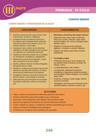 PARTE
III
244
CUERPO HUMANO Y CONSERVACIÓN DE LA SALUD
CAPACIDADES CONOCIMIENTOS
ACTITUDES
Valora y utiliza conocimientos de diferentes personas del entorno.
Propone alternativas para evitar peligros que lo amenazan.
Reconoce y tiene disposición para aceptar otros puntos de vista.
Aprecia con agrado la importancia de consumir alimentos nutritivos.
Cuida y respeta su cuerpo y a acepta los cambios corporales que le ocurren.
Aplica con empeño estrategias para protegerse.
Contribuye en la higiene de los sanitarios de la escuela.
Estructura y funciones del cuerpo humano
• Reacciones del cuerpo frente a estímulos
físicos (luz, sonido, vibración, calor, otros),
químicos (sabor, olor, otros) y biológicos (sed,
hambre, otros).
• Órganos y funciones de los sistemas:
digestivo, circulatorio y excretor. Modelos.
• Órganos del sistema reproductor humano.
Importancia.
Tecnología y salud
Protectores de la piel y de los órganos de•
los sentidos frente a factores: luz solar, frío
intenso y otros.
La dieta alimenticia: valor nutritivo.•
Los alimentos: alimentos formadores,•
energéticos y reguladores alimentos propios
de la localidad. Dietas integrales. Los menúes
según edad.
El alcohol, el tabaco y otras drogas: efectos•
nocivos en la salud.
Estrategias y técnicas para la limpieza de los•
sanitarios (baños o letrinas) y para su uso.
Identiﬁca reacciones del cuerpo frente a estí-
mulos físicos, químicos y biológicos.
Investiga formas de protección de la piel y
los órganos de los sentidos frente a factores,
como la luz solar, el frío intenso y otros, con
medios caseros o comerciales.
Investiga el valor nutritivo de los alimentos
utilizados en la dieta alimenticia que consume,
y lo relaciona con la pirámide nutricional.
Clasiﬁca los alimentos propios de su localidad
en: formadores, energéticos y reguladores.
Relaciona los procesos de digestión, circula-
ción y excreción en el ser humano.
Diseña y elabora menúes de dietas integrales,
apropiadas para su edad.
Identiﬁca y localiza los principales órganos del
sistema de reproducción humana y su impor-
tancia para la preservación de la especie.
Investiga los efectos nocivos del consumo de
alcohol, tabaco y otras drogas en la salud.
Utiliza técnicas para la limpieza de los sanita-
rios (baños y letrinas) y para su conveniente
uso.
CUARTO GRADO
PRIMARIA - IV CICLO
 