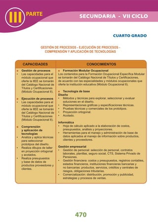 CAPACIDADES CONOCIMIENTOS
GESTIÓN DE PROCESOS - EJECUCIÓN DE PROCESOS -
COMPRENSIÓN Y APLICACIÓN DE TECNOLOGÍAS
470
PARTE
III
CUARTO GRADO
Gestión de procesos
Las capacidades para el•
módulo ocupacional que
oferte la IIEE se tomarán
del Catálogo Nacional de
Títulos y Certiﬁcaciones
(Módulo Ocupacional II).
Ejecución de procesos
Las capacidades para el•
módulo ocupacional que
oferte la IIEE se tomarán
del Catálogo Nacional de
Títulos y Certiﬁcaciones
(Módulo Ocupacional II).
Comprensión
y aplicación de
tecnologías
Analiza y aplica técnicas•
para seleccionar
prototipos del diseño.
Realiza dibujos de taller•
en proyección ortogonal
y acotados.
Realiza presupuestos•
y base de datos de
productos proveedores y
clientes.
Formación Modular Ocupacional
Los contenidos para la Formación Ocupacional Especíﬁca Modular
se tomarán del Catálogo Nacional de Títulos y Certiﬁcaciones,
de acuerdo con las especialidades y módulos ocupacionales que
oferte la institución educativa (Módulo Ocupacional II).
Tecnología de base
Diseño
Métodos y técnicas para explorar, seleccionar y evaluar•
soluciones en el diseño.
Representaciones gráﬁcas y especiﬁcaciones técnicas.•
Pruebas técnicas y comerciales de los prototipos.•
Proyección ortogonal.•
Acotado.•
Informática
Hoja de cálculo aplicado a la elaboración de costos,•
presupuestos, análisis y proyecciones.
Herramientas para el manejo y administración de base de•
datos aplicados al manejo de información sobre productos,
clientes y proveedores.
Gestión empresarial
Gestión de personal: selección de personal, contratos•
laborales, planillas, seguro social, CTS, Sistema Privado de
Pensiones.
Gestión ﬁnanciera: costos y presupuestos, registros contables,•
estados ﬁnancieros, instituciones ﬁnancieras bancarias y
no bancarias: productos, servicios, créditos y centrales de
riesgos, obligaciones tributarias.
Comercialización: distribución, promoción y publicidad,•
estrategias y procesos de ventas.
SECUNDARIA - VII CICLO
 