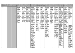 CICLO II III IV V VI VII
EDAD/GRADO 3 años 4 años 5 años 1º 2º 3º 4º 5º 6º 1º 2º 3º 4º 5º
CAPACIDAD INDICADOR DE DESEMPEÑO
• Emplea
materiales
concretos
para
construir
objetos del
entorno con
formas bidi-
mensionales
con el
modelo
presente
• Usa su
cuerpo y
objetos
como unidad
de medida
arbitraria,
para medir,
estimar y
comparar
longitudes
en
situaciones
cotidianas
• Emplea
materiales
concretos o
instrumentos
para
construir
formas bidi-
mensionales
con el
modelo
presente y
ausente
según sus
característi-
cas y
medidas
• Comprueba
su procedi-
miento y el
de otros
para medir
longitudes y
superficies
• Emplea
materiales
concretos o
instrumentos
para
construir
formas bidi-
mensionales
con el
modelo
presente y
ausente
según sus
característi-
cas y
medidas
• Comprueba
su procedi-
miento y el
de otros
para medir
longitudes y
superficies
• Usa
unidades
patrón
(cuadrados
de 1cm por
lado, lados
de una pieza
de un
bloque
lógico o de
mosaicos o
la cuadrí-
cula) a fin de
determinar
cuántas
unidades
cuadradas
se necesita
para cubrir
superficies
de figuras
bidimensio-
nales
simples y
compuestas
• Emplea
estrategias
de ensayo y
error o
superposi-
ción para
componer o
descompo-
ner una
figura, con
apoyo
concreto
• Usa
unidades
patrón para
medir el
perímetro de
figuras
simples o
compuestas
en forma
concreta y
gráfica (lado
de 1cm,
fichas con
lados
iguales)
• Comprueba
mediante la
vinculación
los procedi-
mientos y
estrategias
usados para
comparar y
estimar
longitudes y
superficies
• Usa
unidades
patrón
(cartón,
cartulina,
etc.) que
midan un
metro
cuadrado
para
determinar
cuántas
unidades
cuadradas
necesita
para cubrir
superficies
de figuras
bidimensio-
nales
• Usa
estrategias
que
permitan
trazar el
recorrido de
los vértices
de las
formas
bidimensio-
nales,
utilizar
figuras de
recortes de
papel para
trasladarla
sobre un
cuadriculado
• Emplea
diversos
materiales y
recursos
para
construir o
dibujar
figuras bidi-
mensionales
• Emplea
procedimen-
tos como
componer o
rotar figuras,
estrategias
de conteo
de cuadra-
ditos o
composición
de triángulos
para calcular
el área de
paralelogra-
mos y los
trapecios a
partir del
área del
rectángulo
• Calcula el
área del
triángulo a
partir del
área del
rectángulo
• Usa
estrategias
para
construir y
dibujar
figuras
según sus
vistas y la
rotación,
usando
diversos
materiales e
instrumentos
de dibujo
• Usa
recursos,
instrumentos
de medición
(cinta
métrica) y
unidades
convencio-
nales para
medir y
comparar
longitudes y
distancias
muy grandes
• Emplea
estrategias
que implican
cortar la
figura en
papel y
reacomodar
las piezas,
dividir en
cuadraditos
de 1cm y el
uso de
operaciones
para
determinar
el área y el
perímetro de
figuras bidi-
mensionales
• Usa
estrategias
para
construir
polígonos
según sus
característi-
cas y
propiedades
usando
instrumentos
de dibujo
• Emplea
estrategias
heurísticas,
recursos
gráficos y
otros, para
resolver
problemas
de perímetro
y áreas de
triángulo,
rectángulo,
cuadrado y
rombo
• Emplea pro-
cedimientos
con dos
rectas
paralelas y
secantes
para
reconocer
característi-
cas de
ángulos en
ellas
• Calcula el
perímetro y
área de
figuras
poligonales
regulares y
compuestas,
triángulos,
círculos;
componien-
do y
descompo-
niendo en
otras figuras
cuyas
medidas son
conocidas,
con recursos
gráficos y
otros
• Emplea
propiedades
de los lados
y ángulos de
polígonos
regulares al
resolver
problemas
• Emplea
propiedades
de ángulos y
líneas
notables de
un triángulo
al resolver
un problema
• Usa
estrategias
para
ampliar,
reducir
triángulos
empleando
sus propie-
dades,
semejanzas
y congruen-
cias, usando
instrumentos
de dibujo
• Halla
valores de
ángulos,
lados y pro-
yecciones
en razón a
característi-
cas, clases,
líneas y
puntos
notables de
triángulos, al
resolver
problemas
• Selecciona
y utiliza la
unidad de
medida
apropiada
para
determinar
las medidas
de ángulos,
perímetros y
áreas en
figuras
compuestas
• Emplea pro-
cedimientos
con líneas y
puntos
notables del
triángulo y la
circunferen-
cia al
resolver
problemas
• Usa
instrumentos
para realizar
trazos,
rectas
paralelas,
perpendicu-
lares, trans-
versales
relacionadas
a la circun-
ferencia
• Usa coorde-
nadas para
calcular
perímetros y
áreas de
polígonos
• Selecciona
la estrategia
más
conveniente
para
resolver
problemas
que
involucran
razones
trigonométri-
cas de
ángulos
agudos
notables,
complemen-
tarios y
suplementa-
rios
• Aplica el
teorema de
Pitágoras
para
determinar
longitudes
de los lados
desconoci-
dos en
triángulos
rectángulos
• Emplea
relaciones
métricas
para
resolver
problemas
• Emplea
razones
trigonomé-
tricas para
resolver
problemas
• Calcula el
perímetro y
área de
figuras
poligonales
descompo-
ninedo
triángulos
conocidos
• Calcula el
centro de
gravedad de
figuras
planas
• Halla puntos
de coorde-
nadas en el
plano
cartesiano a
partir de la
ecuación de
la circunfe-
rencia y
elipse
• Aplica el
teorema de
Pitágoras
para
encontrar la
distancia
entre dos
puntos de
un sistema
de coorde-
nadas, con
recursos
gráficos y
otros
• Usa coorde-
nadas para
calcular
perímetros y
áreas de
polígonos
 