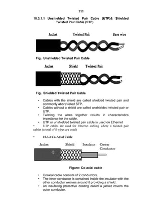 111
10.3.1.1 Unshielded Twisted Pair Cable (UTP)& Shielded
Twisted Pair Cable (STP)
Fig. Unshielded Twisted Pair Cable
Fig. Shielded Twisted Pair Cable
• Cables with the shield are called shielded twisted pair and
commonly abbreviated STP.
• Cables without a shield are called unshielded twisted pair or
UTP.
• Twisting the wires together results in characteristics
impedance for the cable.
• UTP or unshielded twisted pair cable is used on Ethernet
• UTP cables are used for Ethernet cabling where 4 twisted pair
cables (a total of 8 wires are used)
• 10.3.2 Co-Axial Cable
Figure: Co-axial cable
• Coaxial cable consists of 2 conductors.
• The inner conductor is contained inside the insulator with the
other conductor weaves around it providing a shield.
• An insulating protective coating called a jacket covers the
outer conductor.
 