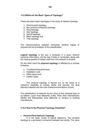 126
11.6.2What are the Basic Types of Topology?
There are seven basic topologies in the study of network topology:
1. Point-to-point topology,
2. Bus (point-to-multipoint) topology,
3. Ring topology,
4. Star topology,
5. Hybrid topology,
6. Mesh topology and
7. Tree topology.
The interconnections between computers whether logical or
physical are the foundation of this classification.
Logical topology is the way a computer in a given network
transmits information, not the way it looks or connected, along with
the varying speeds of cables used from one network to another.
On the other hand the physical topology is affected by a number
of factors:
Troubleshooting technique,
Installation cost,
Office layout and
Cables‘ types.
The physical topology is figured out on the basis of a
network‘s capability to access media and devices, the fault
tolerance desired and the cost of telecommunications circuits.
The classification of networks by the virtue of their physical span is
as follows: Local Area Networks (LAN), Wide Area Internetworks
(WAN) and Metropolitan Area Networks or campus or building
internetworks.
11.6.3 How Is the Physical Topology Classified?
Point-to-Point Network Topology
It is the basic model of typical telephony. The simplest
topology is a permanent connection between two points. The value
 
