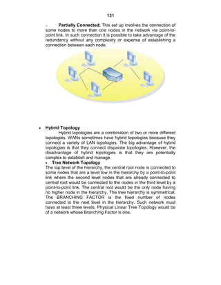 131
o Partially Connected: This set up involves the connection of
some nodes to more than one nodes in the network via point-to-
point link. In such connection it is possible to take advantage of the
redundancy without any complexity or expense of establishing a
connection between each node.
Hybrid Topology
Hybrid topologies are a combination of two or more different
topologies. WANs sometimes have hybrid topologies because they
connect a variety of LAN topologies. The big advantage of hybrid
topologies is that they connect disparate topologies. However, the
disadvantage of hybrid topologies is that they are potentially
complex to establish and manage.
Tree Network Topology
The top level of the hierarchy, the central root node is connected to
some nodes that are a level low in the hierarchy by a point-to-point
link where the second level nodes that are already connected to
central root would be connected to the nodes in the third level by a
point-to-point link. The central root would be the only node having
no higher node in the hierarchy. The tree hierarchy is symmetrical.
The BRANCHING FACTOR is the fixed number of nodes
connected to the next level in the hierarchy. Such network must
have at least three levels. Physical Linear Tree Topology would be
of a network whose Branching Factor is one.
 