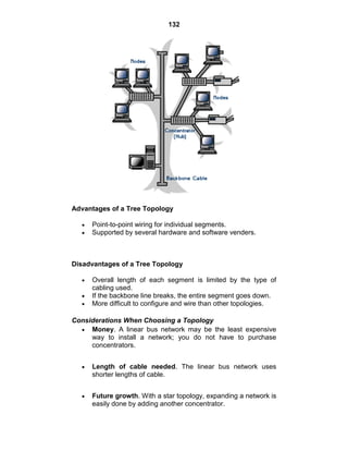 132
Advantages of a Tree Topology
Point-to-point wiring for individual segments.
Supported by several hardware and software venders.
Disadvantages of a Tree Topology
Overall length of each segment is limited by the type of
cabling used.
If the backbone line breaks, the entire segment goes down.
More difficult to configure and wire than other topologies.
Considerations When Choosing a Topology
Money. A linear bus network may be the least expensive
way to install a network; you do not have to purchase
concentrators.
Length of cable needed. The linear bus network uses
shorter lengths of cable.
Future growth. With a star topology, expanding a network is
easily done by adding another concentrator.
 