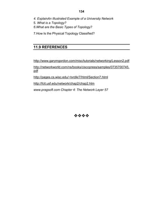134
4. ExplainAn Illustrated Example of a University Network
5. What is a Topology?
6.What are the Basic Types of Topology?
7.How Is the Physical Topology Classified?
11.9 REFERENCES
http://www.garymgordon.com/misc/tutorials/networking/Lesson2.pdf
http://networkworld.com/ns/books/ciscopress/samples/0735700745.
pdf
http://pages.cs.wisc.edu/~tvrdik/7/html/Section7.html
http://fcit.usf.edu/network/chap2/chap2.htm
www.pragsoft.com Chapter 4: The Network Layer 57














 