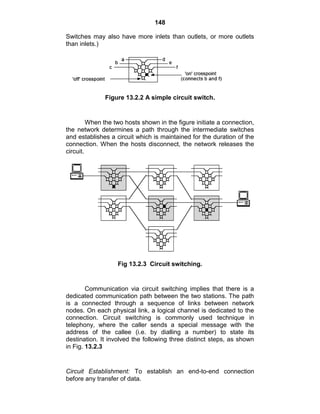 148
Switches may also have more inlets than outlets, or more outlets
than inlets.)
Figure 13.2.2 A simple circuit switch.
When the two hosts shown in the figure initiate a connection,
the network determines a path through the intermediate switches
and establishes a circuit which is maintained for the duration of the
connection. When the hosts disconnect, the network releases the
circuit.
Fig 13.2.3 Circuit switching.
Communication via circuit switching implies that there is a
dedicated communication path between the two stations. The path
is a connected through a sequence of links between network
nodes. On each physical link, a logical channel is dedicated to the
connection. Circuit switching is commonly used technique in
telephony, where the caller sends a special message with the
address of the callee (i.e. by dialling a number) to state its
destination. It involved the following three distinct steps, as shown
in Fig. 13.2.3
Circuit Establishment: To establish an end-to-end connection
before any transfer of data.
 