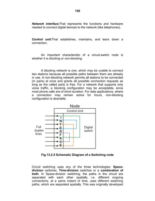 150
Network interface:That represents the functions and hardware
needed to connect digital devices to the network (like telephones).
Control unit:That establishes, maintains, and tears down a
connection.
An important characteristic of a circuit-switch node is
whether it is blocking or non-blocking.
A blocking network is one, which may be unable to connect
two stations because all possible paths between them are already
in use. A non-blocking network permits all stations to be connected
(in pairs) at once and grants all possible connection requests as
long as the called party is free. For a network that supports only
voice traffic, a blocking configuration may be acceptable, since
most phone calls are of short duration. For data applications, where
a connection may remain active for hours, non-blocking
configuration is desirable.
Fig 13.2.5 Schematic Diagram of a Switching node
Circuit switching uses any of the three technologies: Space-
division switches, Time-division switches or a combination of
both. In Space-division switching, the paths in the circuit are
separated with each other spatially, i.e. different ongoing
connections, at a same instant of time, uses different switching
paths, which are separated spatially. This was originally developed
 