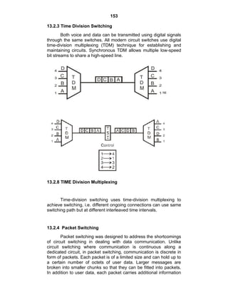 153
13.2.3 Time Division Switching
Both voice and data can be transmitted using digital signals
through the same switches. All modern circuit switches use digital
time-division multiplexing (TDM) technique for establishing and
maintaining circuits. Synchronous TDM allows multiple low-speed
bit streams to share a high-speed line.
13.2.8 TIME Division Multiplexing
Time-division switching uses time-division multiplexing to
achieve switching, i.e. different ongoing connections can use same
switching path but at different interleaved time intervals.
13.2.4 Packet Switching
Packet switching was designed to address the shortcomings
of circuit switching in dealing with data communication. Unlike
circuit switching where communication is continuous along a
dedicated circuit, in packet switching, communication is discrete in
form of packets. Each packet is of a limited size and can hold up to
a certain number of octets of user data. Larger messages are
broken into smaller chunks so that they can be fitted into packets.
In addition to user data, each packet carries additional information
 