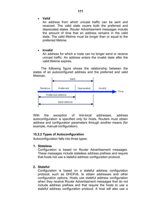 171
Valid
An address from which unicast traffic can be sent and
received. The valid state covers both the preferred and
deprecated states. Router Advertisement messages include
the amount of time that an address remains in the valid
state. The valid lifetime must be longer than or equal to the
preferred lifetime.
Invalid
An address for which a node can no longer send or receive
unicast traffic. An address enters the invalid state after the
valid lifetime expires.
The following figure shows the relationship between the
states of an autoconfigured address and the preferred and valid
lifetimes.
With the exception of link-local addresses, address
autoconfiguration is specified only for hosts. Routers must obtain
address and configuration parameters through another means (for
example, manual configuration).
15.2.2 Types of Autoconfiguration
Autoconfiguration falls into three types:
1. Stateless
Configuration is based on Router Advertisement messages.
These messages include stateless address prefixes and require
that hosts not use a stateful address configuration protocol.
2. Stateful
Configuration is based on a stateful address configuration
protocol, such as DHCPv6, to obtain addresses and other
configuration options. Hosts use stateful address configuration
when they receive Router Advertisement messages that do not
include address prefixes and that require the hosts to use a
stateful address configuration protocol. A host will also use a
 