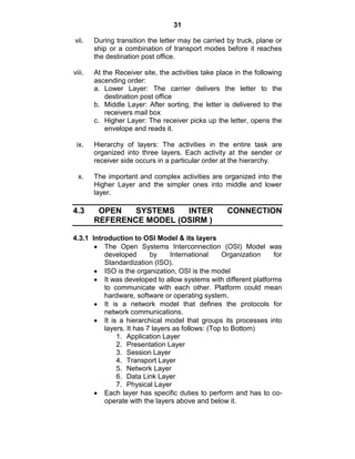 31
vii. During transition the letter may be carried by truck, plane or
ship or a combination of transport modes before it reaches
the destination post office.
viii. At the Receiver site, the activities take place in the following
ascending order:
a. Lower Layer: The carrier delivers the letter to the
destination post office
b. Middle Layer: After sorting, the letter is delivered to the
receivers mail box
c. Higher Layer: The receiver picks up the letter, opens the
envelope and reads it.
ix. Hierarchy of layers: The activities in the entire task are
organized into three layers. Each activity at the sender or
receiver side occurs in a particular order at the hierarchy.
x. The important and complex activities are organized into the
Higher Layer and the simpler ones into middle and lower
layer.
4.3 OPEN SYSTEMS INTER CONNECTION
REFERENCE MODEL (OSIRM )
4.3.1 Introduction to OSI Model & its layers
The Open Systems Interconnection (OSI) Model was
developed by International Organization for
Standardization (ISO).
ISO is the organization, OSI is the model
It was developed to allow systems with different platforms
to communicate with each other. Platform could mean
hardware, software or operating system.
It is a network model that defines the protocols for
network communications.
It is a hierarchical model that groups its processes into
layers. It has 7 layers as follows: (Top to Bottom)
1. Application Layer
2. Presentation Layer
3. Session Layer
4. Transport Layer
5. Network Layer
6. Data Link Layer
7. Physical Layer
Each layer has specific duties to perform and has to co-
operate with the layers above and below it.
 