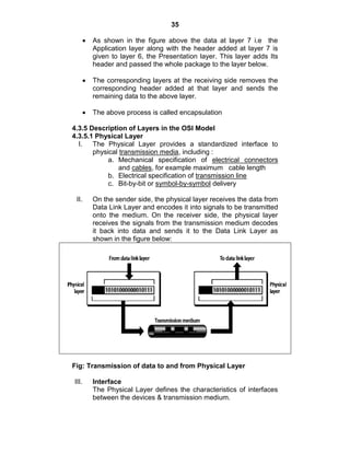 35
As shown in the figure above the data at layer 7 i.e the
Application layer along with the header added at layer 7 is
given to layer 6, the Presentation layer. This layer adds Its
header and passed the whole package to the layer below.
The corresponding layers at the receiving side removes the
corresponding header added at that layer and sends the
remaining data to the above layer.
The above process is called encapsulation
4.3.5 Description of Layers in the OSI Model
4.3.5.1 Physical Layer
I. The Physical Layer provides a standardized interface to
physical transmission media, including :
a. Mechanical specification of electrical connectors
and cables, for example maximum cable length
b. Electrical specification of transmission line
c. Bit-by-bit or symbol-by-symbol delivery
II. On the sender side, the physical layer receives the data from
Data Link Layer and encodes it into signals to be transmitted
onto the medium. On the receiver side, the physical layer
receives the signals from the transmission medium decodes
it back into data and sends it to the Data Link Layer as
shown in the figure below:
Fig: Transmission of data to and from Physical Layer
III. Interface
The Physical Layer defines the characteristics of interfaces
between the devices & transmission medium.
 