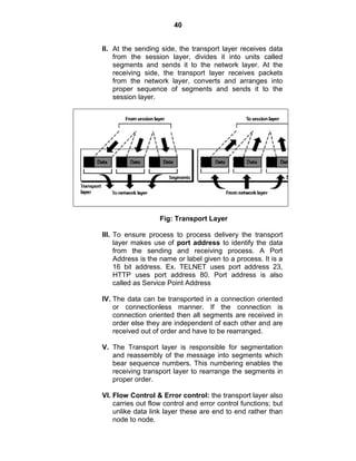 40
II. At the sending side, the transport layer receives data
from the session layer, divides it into units called
segments and sends it to the network layer. At the
receiving side, the transport layer receives packets
from the network layer, converts and arranges into
proper sequence of segments and sends it to the
session layer.
Fig: Transport Layer
III. To ensure process to process delivery the transport
layer makes use of port address to identify the data
from the sending and receiving process. A Port
Address is the name or label given to a process. It is a
16 bit address. Ex. TELNET uses port address 23,
HTTP uses port address 80. Port address is also
called as Service Point Address
IV. The data can be transported in a connection oriented
or connectionless manner. If the connection is
connection oriented then all segments are received in
order else they are independent of each other and are
received out of order and have to be rearranged.
V. The Transport layer is responsible for segmentation
and reassembly of the message into segments which
bear sequence numbers. This numbering enables the
receiving transport layer to rearrange the segments in
proper order.
VI. Flow Control & Error control: the transport layer also
carries out flow control and error control functions; but
unlike data link layer these are end to end rather than
node to node.
 