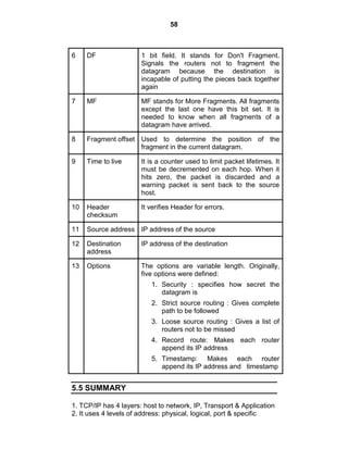 58
6 DF 1 bit field. It stands for Don't Fragment.
Signals the routers not to fragment the
datagram because the destination is
incapable of putting the pieces back together
again
7 MF MF stands for More Fragments. All fragments
except the last one have this bit set. It is
needed to know when all fragments of a
datagram have arrived.
8 Fragment offset Used to determine the position of the
fragment in the current datagram.
9 Time to live It is a counter used to limit packet lifetimes. It
must be decremented on each hop. When it
hits zero, the packet is discarded and a
warning packet is sent back to the source
host.
10 Header
checksum
It verifies Header for errors.
11 Source address IP address of the source
12 Destination
address
IP address of the destination
13 Options The options are variable length. Originally,
five options were defined:
1. Security : specifies how secret the
datagram is
2. Strict source routing : Gives complete
path to be followed
3. Loose source routing : Gives a list of
routers not to be missed
4. Record route: Makes each router
append its IP address
5. Timestamp: Makes each router
append its IP address and timestamp
5.5 SUMMARY
1. TCP/IP has 4 layers: host to network, IP, Transport & Application
2. It uses 4 levels of address: physical, logical, port & specific
 