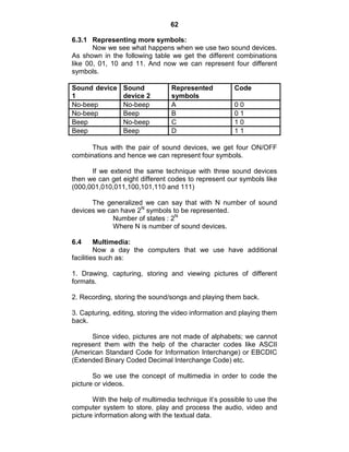 62
6.3.1 Representing more symbols:
Now we see what happens when we use two sound devices.
As shown in the following table we get the different combinations
like 00, 01, 10 and 11. And now we can represent four different
symbols.
Sound device
1
Sound
device 2
Represented
symbols
Code
No-beep No-beep A 0 0
No-beep Beep B 0 1
Beep No-beep C 1 0
Beep Beep D 1 1
Thus with the pair of sound devices, we get four ON/OFF
combinations and hence we can represent four symbols.
If we extend the same technique with three sound devices
then we can get eight different codes to represent our symbols like
(000,001,010,011,100,101,110 and 111)
The generalized we can say that with N number of sound
devices we can have 2N
symbols to be represented.
Number of states : 2N
Where N is number of sound devices.
6.4 Multimedia:
Now a day the computers that we use have additional
facilities such as:
1. Drawing, capturing, storing and viewing pictures of different
formats.
2. Recording, storing the sound/songs and playing them back.
3. Capturing, editing, storing the video information and playing them
back.
Since video, pictures are not made of alphabets; we cannot
represent them with the help of the character codes like ASCII
(American Standard Code for Information Interchange) or EBCDIC
(Extended Binary Coded Decimal Interchange Code) etc.
So we use the concept of multimedia in order to code the
picture or videos.
With the help of multimedia technique it‘s possible to use the
computer system to store, play and process the audio, video and
picture information along with the textual data.
 
