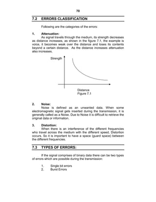 70
7.2 ERRORS CLASSIFICATION
Following are the categories of the errors:
1. Attenuation:
As signal travels through the medium, its strength decreases
as distance increases, as shown in the figure 7.1, the example is
voice, it becomes weak over the distance and loses its contents
beyond a certain distance. As the distance increases attenuation
also increases.
Strength
Distance
Figure 7.1
2. Noise:
Noise is defined as an unwanted data. When some
electromagnetic signal gets inserted during the transmission, it is
generally called as a Noise. Due to Noise it is difficult to retrieve the
original data or information.
3. Distortion:
When there is an interference of the different frequencies
who travel across the medium with the different speed, Distortion
occurs. So it is important to have a space (guard space) between
the different frequencies.
7.3 TYPES OF ERRORS:
If the signal comprises of binary data there can be two types
of errors which are possible during the transmission:
1. Single bit errors
2. Burst Errors
 