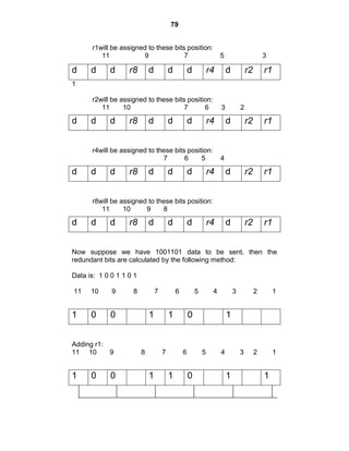 79
r1will be assigned to these bits position:
11 9 7 5 3
1
r2will be assigned to these bits position:
11 10 7 6 3 2
r4will be assigned to these bits position:
7 6 5 4
r8will be assigned to these bits position:
11 10 9 8
Now suppose we have 1001101 data to be sent, then the
redundant bits are calculated by the following method:
Data is: 1 0 0 1 1 0 1
11 10 9 8 7 6 5 4 3 2 1
Adding r1:
11 10 9 8 7 6 5 4 3 2 1
d d d r8 d d d r4 d r2 r1
d d d r8 d d d r4 d r2 r1
d d d r8 d d d r4 d r2 r1
d d d r8 d d d r4 d r2 r1
1 0 0 1 1 0 1
1 0 0 1 1 0 1 1
 