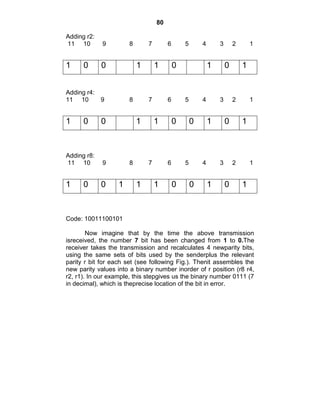 80
Adding r2:
11 10 9 8 7 6 5 4 3 2 1
Adding r4:
11 10 9 8 7 6 5 4 3 2 1
Adding r8:
11 10 9 8 7 6 5 4 3 2 1
Code: 10011100101
Now imagine that by the time the above transmission
isreceived, the number 7 bit has been changed from 1 to 0.The
receiver takes the transmission and recalculates 4 newparity bits,
using the same sets of bits used by the senderplus the relevant
parity r bit for each set (see following Fig.). Thenit assembles the
new parity values into a binary number inorder of r position (r8 r4,
r2, r1). In our example, this stepgives us the binary number 0111 (7
in decimal), which is theprecise location of the bit in error.
1 0 0 1 1 0 1 0 1
1 0 0 1 1 0 0 1 0 1
1 0 0 1 1 1 0 0 1 0 1
 