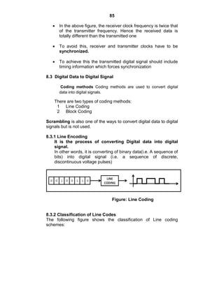 85
In the above figure, the receiver clock frequency is twice that
of the transmitter frequency. Hence the received data is
totally different than the transmitted one
To avoid this, receiver and transmitter clocks have to be
synchronized.
To achieve this the transmitted digital signal should include
timing information which forces synchronization
8.3 Digital Data to Digital Signal
Coding methods Coding methods are used to convert digital
data into digital signals.
There are two types of coding methods:
1 Line Coding
2 Block Coding
Scrambling is also one of the ways to convert digital data to digital
signals but is not used.
8.3.1 Line Encoding
It is the process of converting Digital data into digital
signal.
In other words, it is converting of binary data(i.e. A sequence of
bits) into digital signal (i.e. a sequence of discrete,
discontinuous voltage pulses)
Figure: Line Coding
8.3.2 Classification of Line Codes
The following figure shows the classification of Line coding
schemes:
 