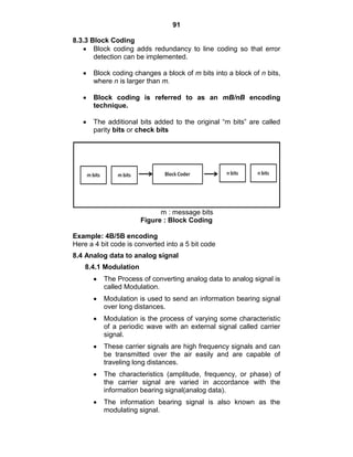 91
8.3.3 Block Coding
Block coding adds redundancy to line coding so that error
detection can be implemented.
Block coding changes a block of m bits into a block of n bits,
where n is larger than m.
Block coding is referred to as an mB/nB encoding
technique.
The additional bits added to the original ―m bits‖ are called
parity bits or check bits
m : message bits
Figure : Block Coding
Example: 4B/5B encoding
Here a 4 bit code is converted into a 5 bit code
8.4 Analog data to analog signal
8.4.1 Modulation
The Process of converting analog data to analog signal is
called Modulation.
Modulation is used to send an information bearing signal
over long distances.
Modulation is the process of varying some characteristic
of a periodic wave with an external signal called carrier
signal.
These carrier signals are high frequency signals and can
be transmitted over the air easily and are capable of
traveling long distances.
The characteristics (amplitude, frequency, or phase) of
the carrier signal are varied in accordance with the
information bearing signal(analog data).
The information bearing signal is also known as the
modulating signal.
 