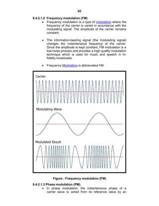 93
8.4.2.1.2 Frequency modulation (FM)
Frequency modulation is a type of modulation where the
frequency of the carrier is varied in accordance with the
modulating signal. The amplitude of the carrier remains
constant.
The information-bearing signal (the modulating signal)
changes the instantaneous frequency of the carrier.
Since the amplitude is kept constant, FM modulation is a
low-noise process and provides a high quality modulation
technique which is used for music and speech in hi-
fidelity broadcasts.
Frequency Modulation is abbreviated FM.
Figure : Frequency modulation (FM)
8.4.2.1.3 Phase modulation (PM).
In phase modulation, the instantaneous phase of a
carrier wave is varied from its reference value by an
 