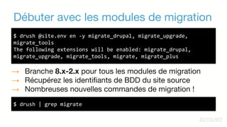 Débuter avec les modules de migration
$ drush @site.env en -y migrate_drupal, migrate_upgrade,
migrate_tools
The following...