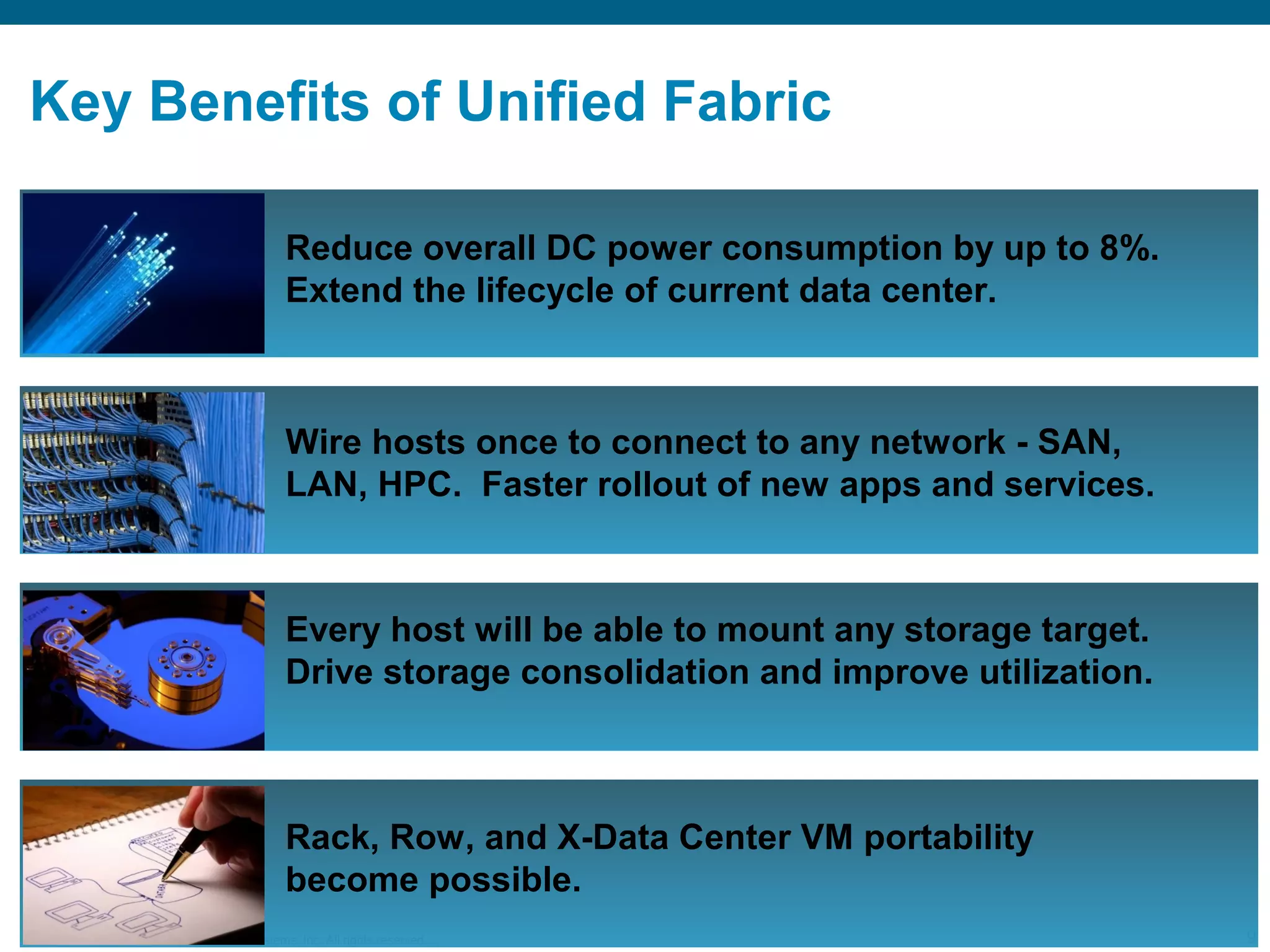 Key Benefits of Unified Fabric 
Reduce overall DC power consumption by up to 8%. 
Extend the lifecycle of current data center. 
Wire hosts once to connect to any network - SAN, 
LAN, HPC. Faster rollout of new apps and services. 
Every host will be able to mount any storage target. 
Drive storage consolidation and improve utilization. 
Rack, Row, and X-Data Center VM portability 
become possible. 
© 2006 Cisco Systems, Presentation_ID Inc. All rights reserved. 9 
 