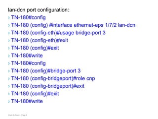 Khalil Al-Alami | Page 6
lan-dcn port configuration:
› TN-180#config
› TN-180 (config) #interface ethernet-eps 1/7/2 lan-dcn
› TN-180 (config-eth)#usage bridge-port 3
› TN-180 (config-eth)#exit
› TN-180 (config)#exit
› TN-180#write
› TN-180#config
› TN-180 (config)#bridge-port 3
› TN-180 (config-bridgeport)#role cnp
› TN-180 (config-bridgeport)#exit
› TN-180 (config)#exit
› TN-180#write
 