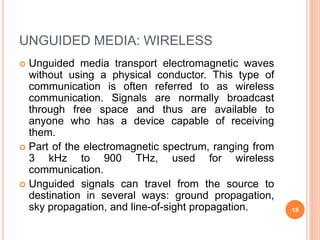 UNGUIDED MEDIA: WIRELESS
 Unguided media transport electromagnetic waves
without using a physical conductor. This type of
communication is often referred to as wireless
communication. Signals are normally broadcast
through free space and thus are available to
anyone who has a device capable of receiving
them.
 Part of the electromagnetic spectrum, ranging from
3 kHz to 900 THz, used for wireless
communication.
 Unguided signals can travel from the source to
destination in several ways: ground propagation,
sky propagation, and line-of-sight propagation. 18
 