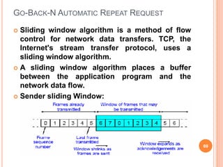 GO-BACK-N AUTOMATIC REPEAT REQUEST
 Sliding window algorithm is a method of flow
control for network data transfers. TCP, the
Internet's stream transfer protocol, uses a
sliding window algorithm.
 A sliding window algorithm places a buffer
between the application program and the
network data flow.
 Sender sliding Window:
69
 