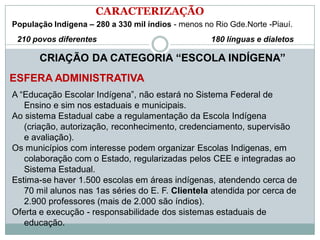 CARACTERIZAÇÃO
População Indígena – 280 a 330 mil índios - menos no Rio Gde.Norte -Piauí.
210 povos diferentes 180 línguas e dialetos
CRIAÇÃO DA CATEGORIA “ESCOLA INDÍGENA”
ESFERA ADMINISTRATIVA
A “Educação Escolar Indígena”, não estará no Sistema Federal de
Ensino e sim nos estaduais e municipais.
Ao sistema Estadual cabe a regulamentação da Escola Indígena
(criação, autorização, reconhecimento, credenciamento, supervisão
e avaliação).
Os municípios com interesse podem organizar Escolas Indigenas, em
colaboração com o Estado, regularizadas pelos CEE e integradas ao
Sistema Estadual.
Estima-se haver 1.500 escolas em áreas indígenas, atendendo cerca de
70 mil alunos nas 1as séries do E. F. Clientela atendida por cerca de
2.900 professores (mais de 2.000 são índios).
Oferta e execução - responsabilidade dos sistemas estaduais de
educação.
 