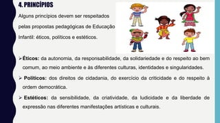 4. PRINCÍPIOS
Alguns princípios devem ser respeitados
pelas propostas pedagógicas de Educação
Infantil: éticos, políticos e estéticos.
Éticos: da autonomia, da responsabilidade, da solidariedade e do respeito ao bem
comum, ao meio ambiente e às diferentes culturas, identidades e singularidades.
 Políticos: dos direitos de cidadania, do exercício da criticidade e do respeito à
ordem democrática.
 Estéticos: da sensibilidade, da criatividade, da ludicidade e da liberdade de
expressão nas diferentes manifestações artísticas e culturais.
 