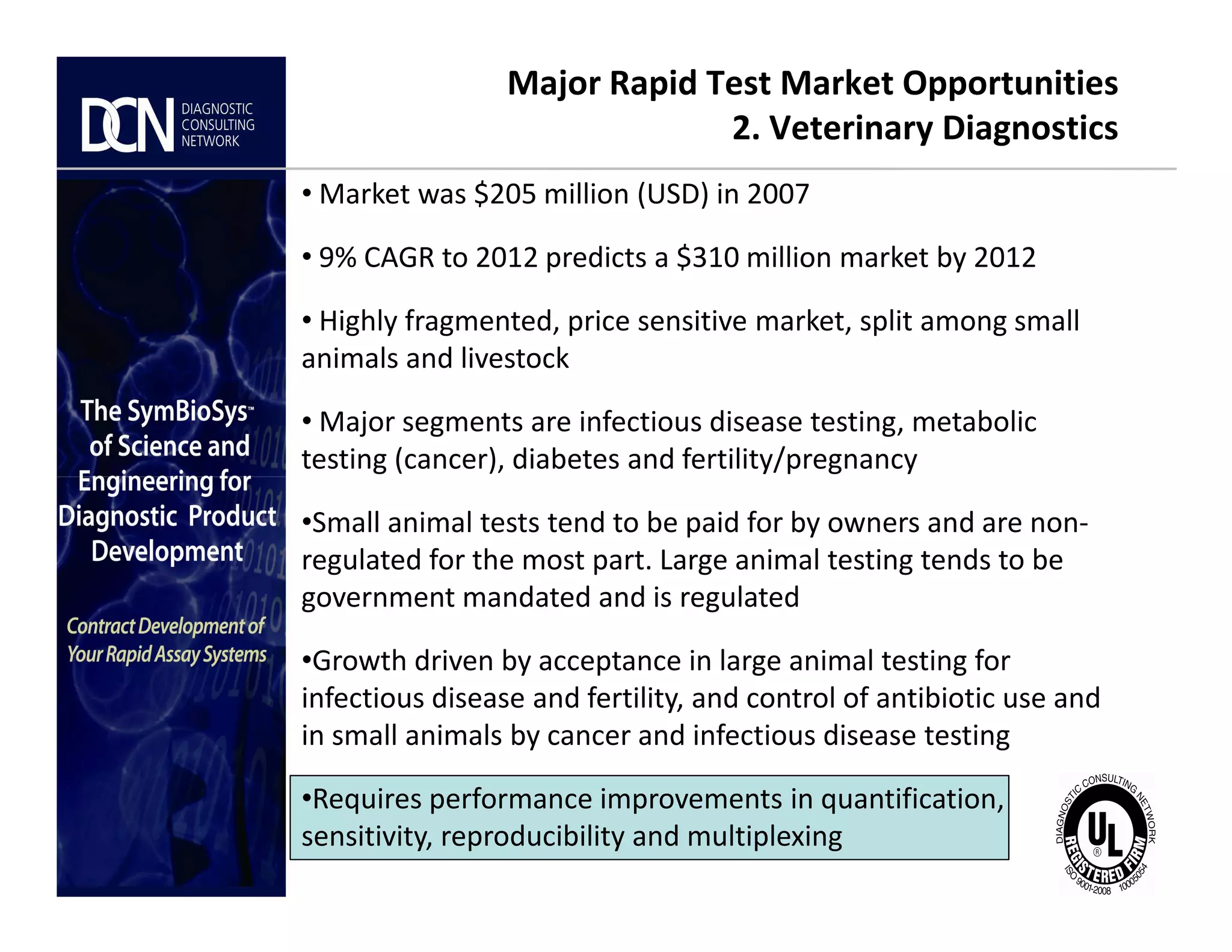 Major Rapid Test Market Opportunities
2. Veterinary Diagnostics
• Market was $205 million (USD) in 2007
• 9% CAGR to 2012 predicts a $310 million market by 2012
• Highly fragmented, price sensitive market, split among small
animals and livestock
• Major segments are infectious disease testing, metabolic
testing (cancer), diabetes and fertility/pregnancy
Complete, creative solutions for developers and manufacturers of rapid assays
•Small animal tests tend to be paid for by owners and are non-
regulated for the most part. Large animal testing tends to be
government mandated and is regulated
•Growth driven by acceptance in large animal testing for
infectious disease and fertility, and control of antibiotic use and
in small animals by cancer and infectious disease testing
•Requires performance improvements in quantification,
sensitivity, reproducibility and multiplexing
 