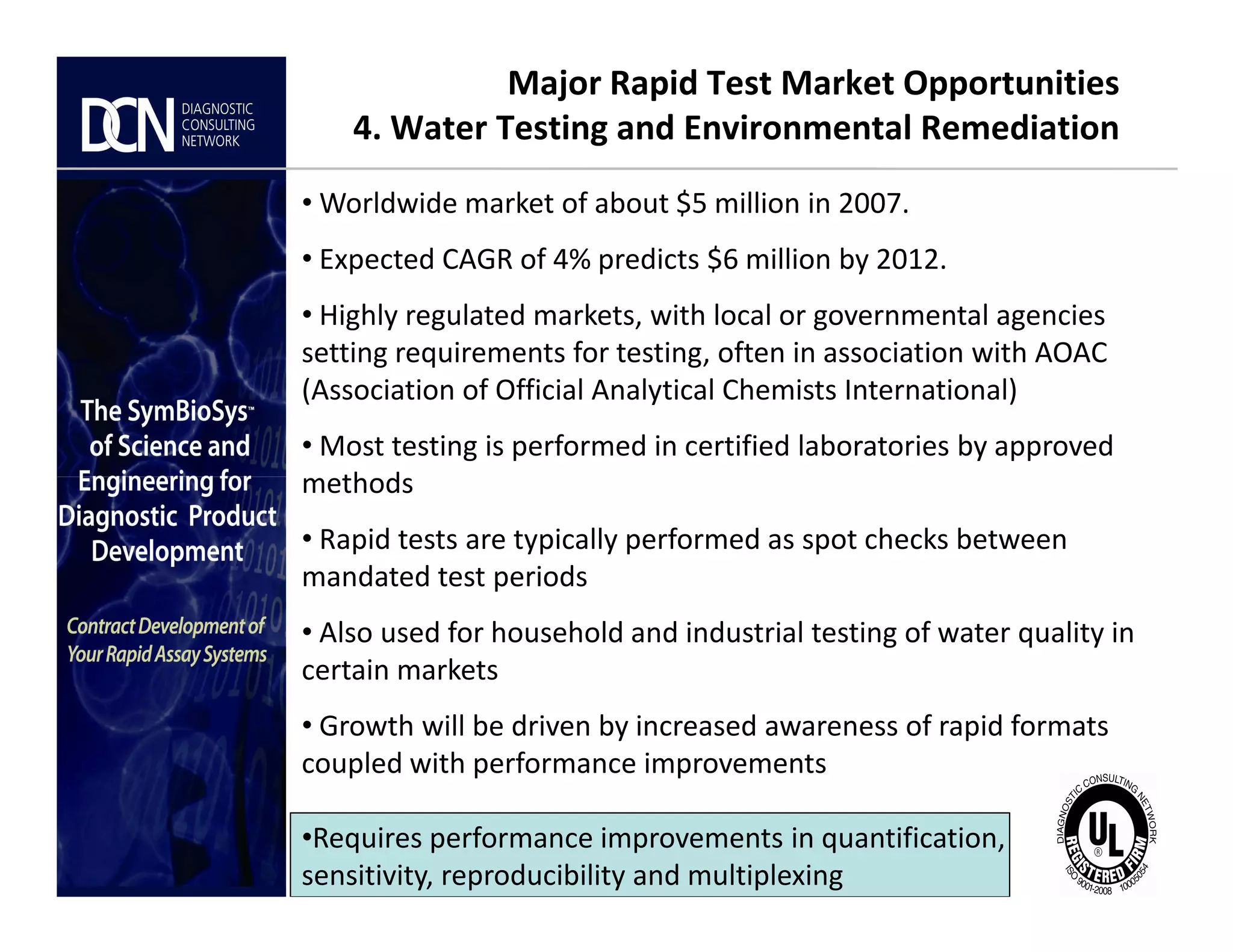 Major Rapid Test Market Opportunities
4. Water Testing and Environmental Remediation
• Worldwide market of about $5 million in 2007.
• Expected CAGR of 4% predicts $6 million by 2012.
• Highly regulated markets, with local or governmental agencies
setting requirements for testing, often in association with AOAC
(Association of Official Analytical Chemists International)
• Most testing is performed in certified laboratories by approved
methods
Complete, creative solutions for developers and manufacturers of rapid assays
methods
• Rapid tests are typically performed as spot checks between
mandated test periods
• Also used for household and industrial testing of water quality in
certain markets
• Growth will be driven by increased awareness of rapid formats
coupled with performance improvements
•Requires performance improvements in quantification,
sensitivity, reproducibility and multiplexing
 
