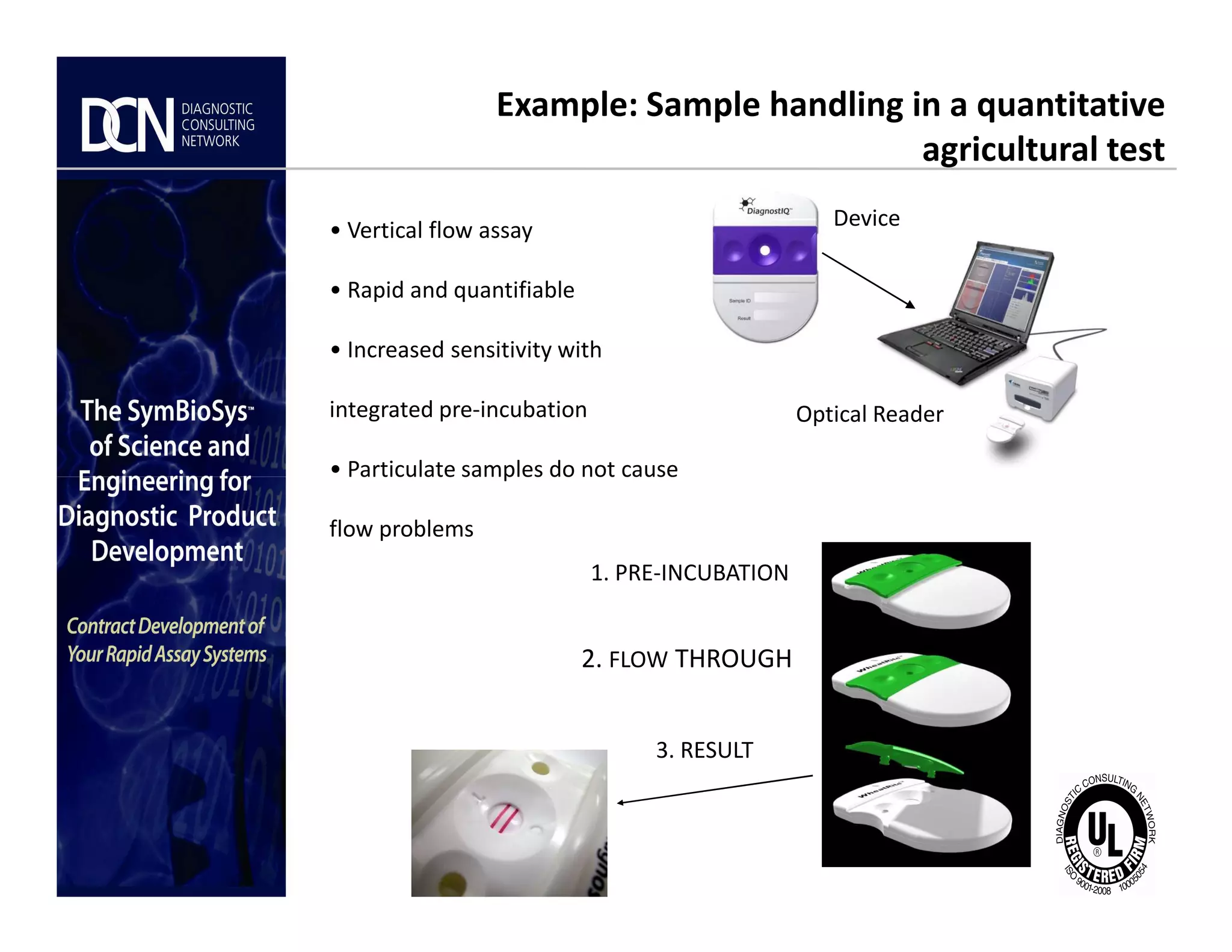 Device
Optical Reader
Example: Sample handling in a quantitative
agricultural test
• Vertical flow assay
• Rapid and quantifiable
• Increased sensitivity with
integrated pre-incubation
• Particulate samples do not cause
Complete, creative solutions for developers and manufacturers of rapid assays
• Particulate samples do not cause
flow problems
1. PRE-INCUBATION
2. FLOW THROUGH
3. RESULT
 