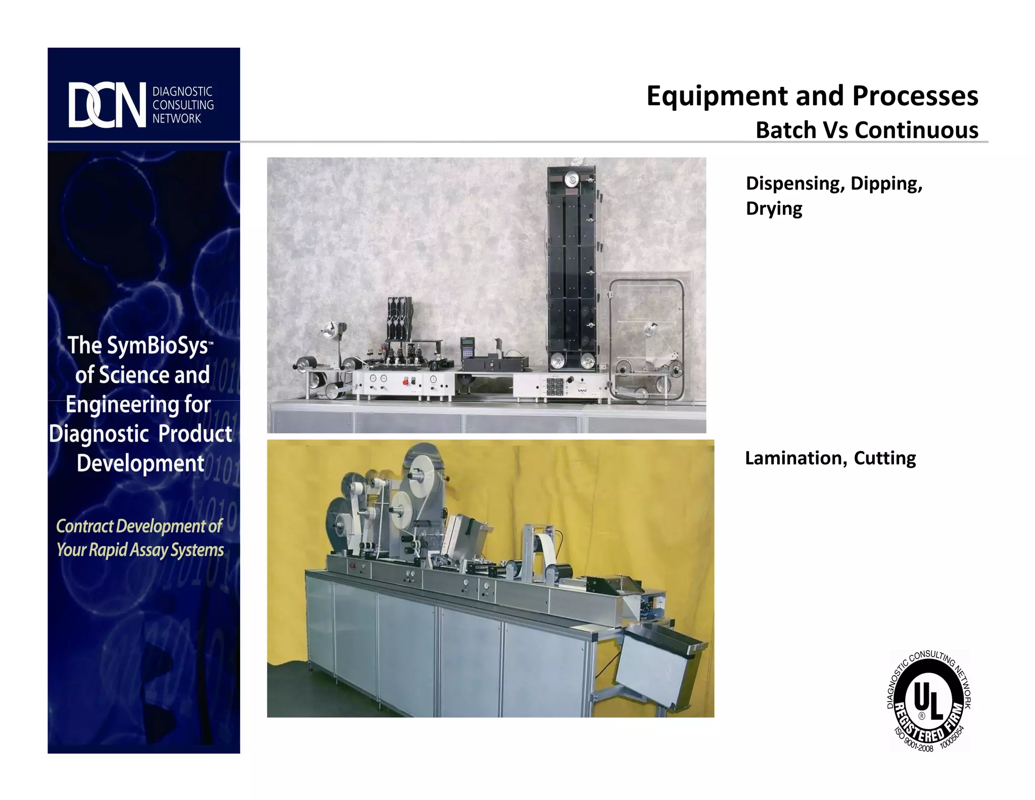 Equipment and Processes
Batch Vs Continuous
Dispensing, Dipping,
Drying
Complete, creative solutions for developers and manufacturers of rapid assays
Reel-to-reel web handling and
dispensing platform
Lamination, Cutting
 