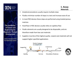 1. Assay
Materials
• Analytical procedures usually require multiple steps
• Fluidics minimize number of steps in a test and increase ease of use
• In most POC devices these steps are performed using treated porous
matrices
• Fluid flow in POC devices usually relies on capillary flow
• Fluidic elements are usually designed to be disposable, and are
Complete, creative solutions for developers and manufacturers of rapid assays
• Fluidic elements are usually designed to be disposable, and are
therefore made from low cost materials
• Suppliers must be of the highest quality. Lowest cost materials will not
support higher specified applications
Test Line
Control Line
Particle Conjugate
on conjugate pad
Wick
Sample Pad
Nitrocellulose MembraneBacking
 