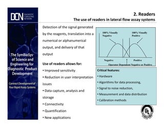 2. Readers
The use of readers in lateral flow assay systems
Detection of the signal generated
by the reagents, translation into a
numerical or alphanumerical
output, and delivery of that
output
Use of readers allows for:
Negative Positive
100% Visually
Negative
100% Visually
Positive
Operator Dependent Negative or Positive
Complete, creative solutions for developers and manufacturers of rapid assays
Use of readers allows for:
• Improved sensitivity
• Reduction in user interpretation
issues
• Data capture, analysis and
storage
• Connectivity
• Quantification
• New applications
Operator Dependent Negative or Positive
Critical features:
• Hardware
• Algorithms for data processing,
• Signal to noise reduction,
• Measurement and data distribution
• Calibration methods
 