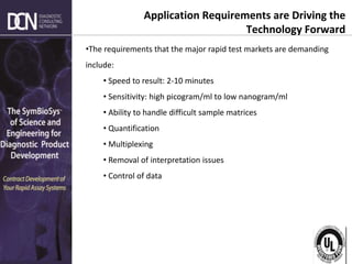 Complete, creative solutions for developers and manufacturers of rapid assays
Application Requirements are Driving the
Technology Forward
•The requirements that the major rapid test markets are demanding
include:
• Speed to result: 2-10 minutes
• Sensitivity: high picogram/ml to low nanogram/ml
• Ability to handle difficult sample matrices
• Quantification
• Multiplexing
• Removal of interpretation issues
• Control of data
 
