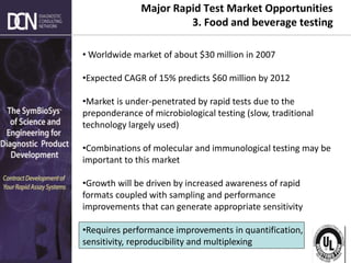 Complete, creative solutions for developers and manufacturers of rapid assays
Major Rapid Test Market Opportunities
3. Food and beverage testing
• Worldwide market of about $30 million in 2007
•Expected CAGR of 15% predicts $60 million by 2012
•Market is under-penetrated by rapid tests due to the
preponderance of microbiological testing (slow, traditional
technology largely used)
•Combinations of molecular and immunological testing may be
important to this market
•Growth will be driven by increased awareness of rapid
formats coupled with sampling and performance
improvements that can generate appropriate sensitivity
•Requires performance improvements in quantification,
sensitivity, reproducibility and multiplexing
 