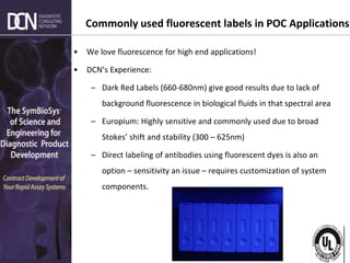Complete, creative solutions for developers and manufacturers of rapid assays
Commonly used fluorescent labels in POC Applications
• We love fluorescence for high end applications!
• DCN’s Experience:
– Dark Red Labels (660-680nm) give good results due to lack of
background fluorescence in biological fluids in that spectral area
– Europium: Highly sensitive and commonly used due to broad
Stokes’ shift and stability (300 – 625nm)
– Direct labeling of antibodies using fluorescent dyes is also an
option – sensitivity an issue – requires customization of system
components.
 