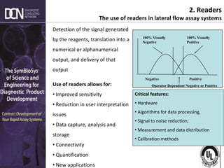 Complete, creative solutions for developers and manufacturers of rapid assays
2. Readers
The use of readers in lateral flow assay systems
Detection of the signal generated
by the reagents, translation into a
numerical or alphanumerical
output, and delivery of that
output
Use of readers allows for:
• Improved sensitivity
• Reduction in user interpretation
issues
• Data capture, analysis and
storage
• Connectivity
• Quantification
• New applications
Negative Positive
100% Visually
Negative
100% Visually
Positive
Operator Dependent Negative or Positive
Critical features:
• Hardware
• Algorithms for data processing,
• Signal to noise reduction,
• Measurement and data distribution
• Calibration methods
 