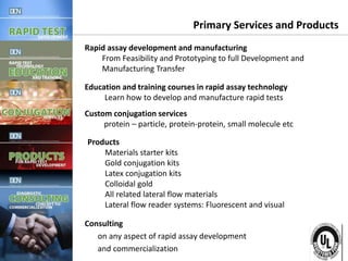 Complete, creative solutions for developers and manufacturers of rapid assays
Primary Services and Products
Consulting
on any aspect of rapid assay development
and commercialization
Rapid assay development and manufacturing
From Feasibility and Prototyping to full Development and
Manufacturing Transfer
Education and training courses in rapid assay technology
Learn how to develop and manufacture rapid tests
Custom conjugation services
protein – particle, protein-protein, small molecule etc
Products
Materials starter kits
Gold conjugation kits
Latex conjugation kits
Colloidal gold
All related lateral flow materials
Lateral flow reader systems: Fluorescent and visual
 