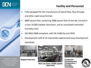 Complete, creative solutions for developers and manufacturers of rapid assays
• Fully equipped for the manufacture of lateral flow, flow through,
and other rapid assay formats
• 8000 square feet, containing 3000 square feet of wet lab, housed in
a class 10,000 capable cleanroom, and an associated controlled
humidity room
• ISO 9001:2008 compliant, with EN 13485 by end 2010
• Development staff of 14 industrially experienced assay development
scientists
Facility and Personnel
Reagent Prep Area
Main Lab (Class 10,000 capable
cleanroom)
Component
Processing Area
(Temperature /
Humidity
Controlled)
 