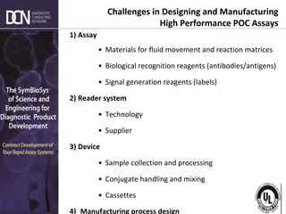 Complete, creative solutions for developers and manufacturers of rapid assays
1) Assay
• Materials for fluid movement and reaction matrices
• Biological recognition reagents (antibodies/antigens)
• Signal generation reagents (labels)
2) Reader system
• Technology
• Supplier
3) Device
• Sample collection and processing
• Conjugate handling and mixing
• Cassettes
4) Manufacturing process design
Challenges in Designing and Manufacturing
High Performance POC Assays
 