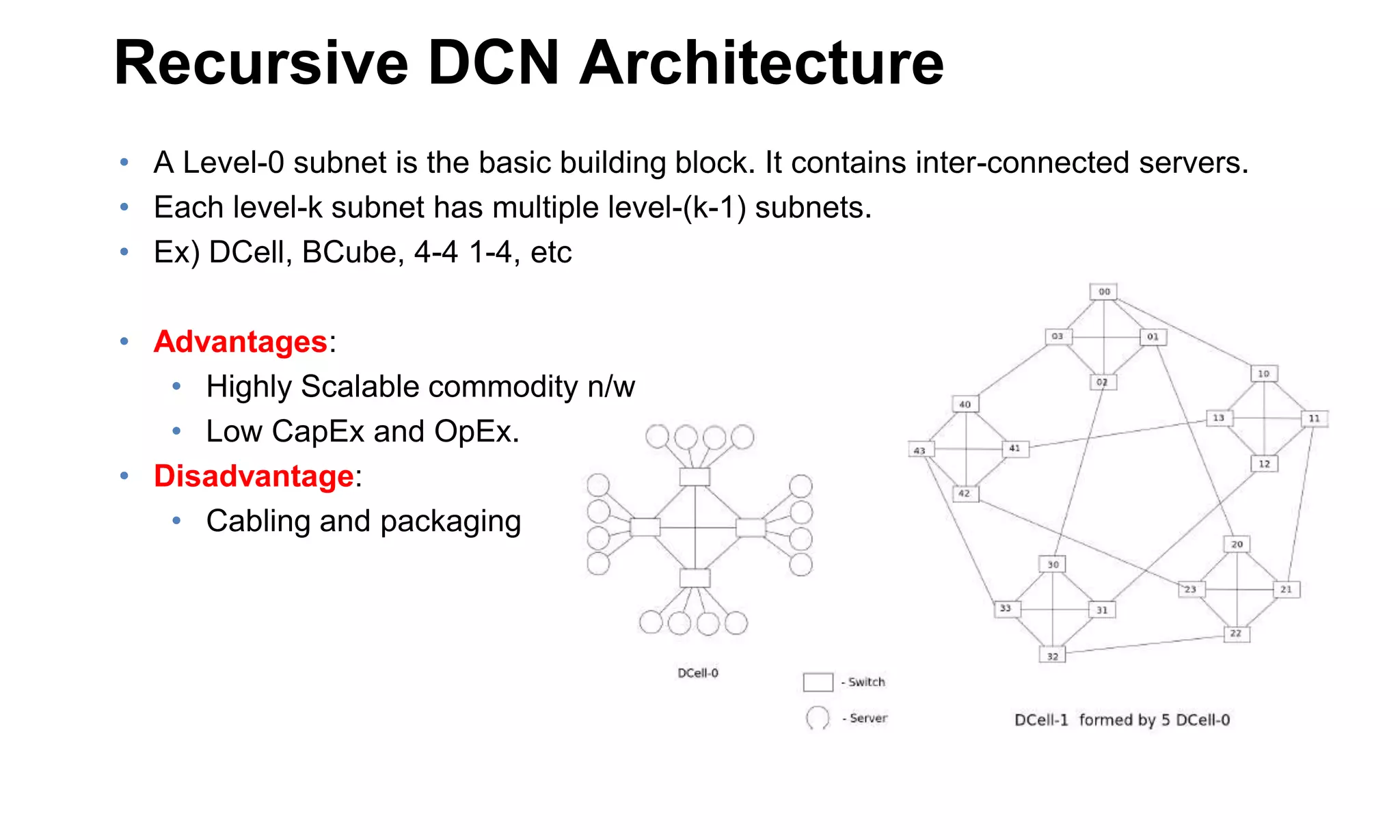 Recursive DCN Architecture
• A Level-0 subnet is the basic building block. It contains inter-connected servers.
• Each level-k subnet has multiple level-(k-1) subnets.
• Ex) DCell, BCube, 4-4 1-4, etc
• Advantages:
• Highly Scalable commodity n/w
• Low CapEx and OpEx.
• Disadvantage:
• Cabling and packaging
 