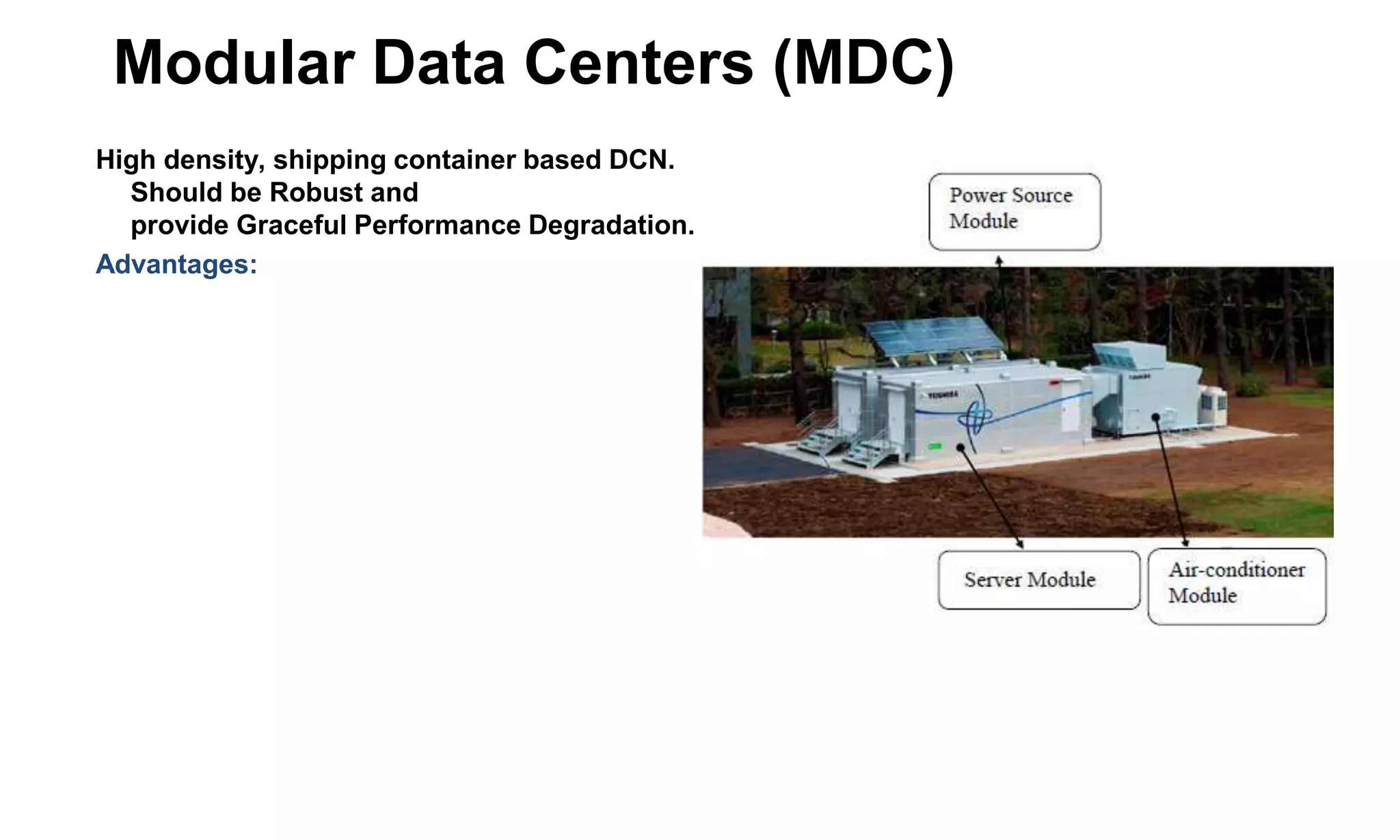 Modular Data Centers (MDC)
High density, shipping container based DCN.
Should be Robust and
provide Graceful Performance Degradation.
Advantages:
 