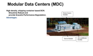 Modular Data Centers (MDC)
High density, shipping container based DCN.
Should be Robust and
provide Graceful Performance Degradation.
Advantages:
 