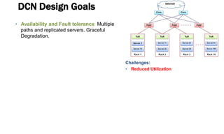DCN Design Goals
• Availability and Fault tolerance: Multiple
paths and replicated servers. Graceful
Degradation.
Challenges:
• Reduced Utilization
 